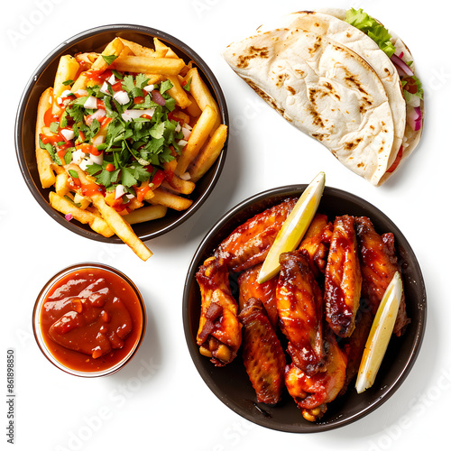 top down photo of carne asada fries and buffalo chicklen wings isolated on white background, photo, png photo