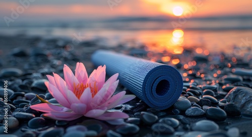 Yoga Mat And Pink Water Lily On Pebbles At Sunset