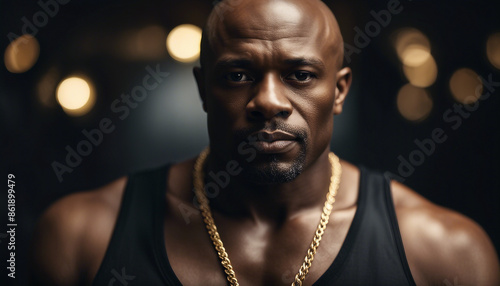 portrait of muscular and bald black man with gold necklace, isolated white background 