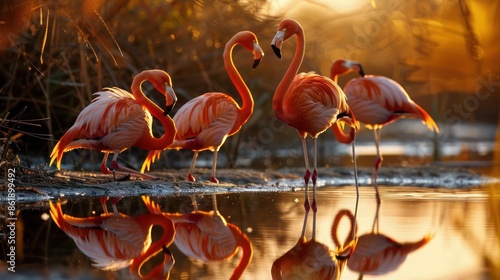 A group of flamingos standing in a tranquil marsh, their reflections perfect in the still water as the sun sets photo