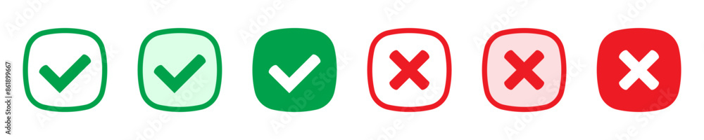 Right or wrong icons. Green tick and red cross checkmarks. Yes or no symbol, approved or rejected icon for user interface. Right or wrong icons. Green tick and red cross checkmarks. Yes or no symbol, approved or rejected icon for user interface.