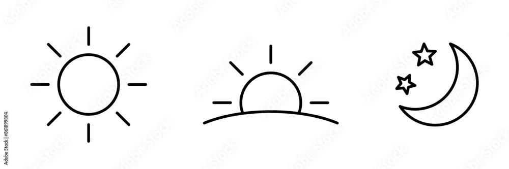 Time of the day signs. Rising and setting sun icon, crescent moon and stars, day and night time symbols. Vector illustration. Time of the day signs. Rising and setting sun icon, crescent moon and stars, day and night time symbols. Vector illustration.