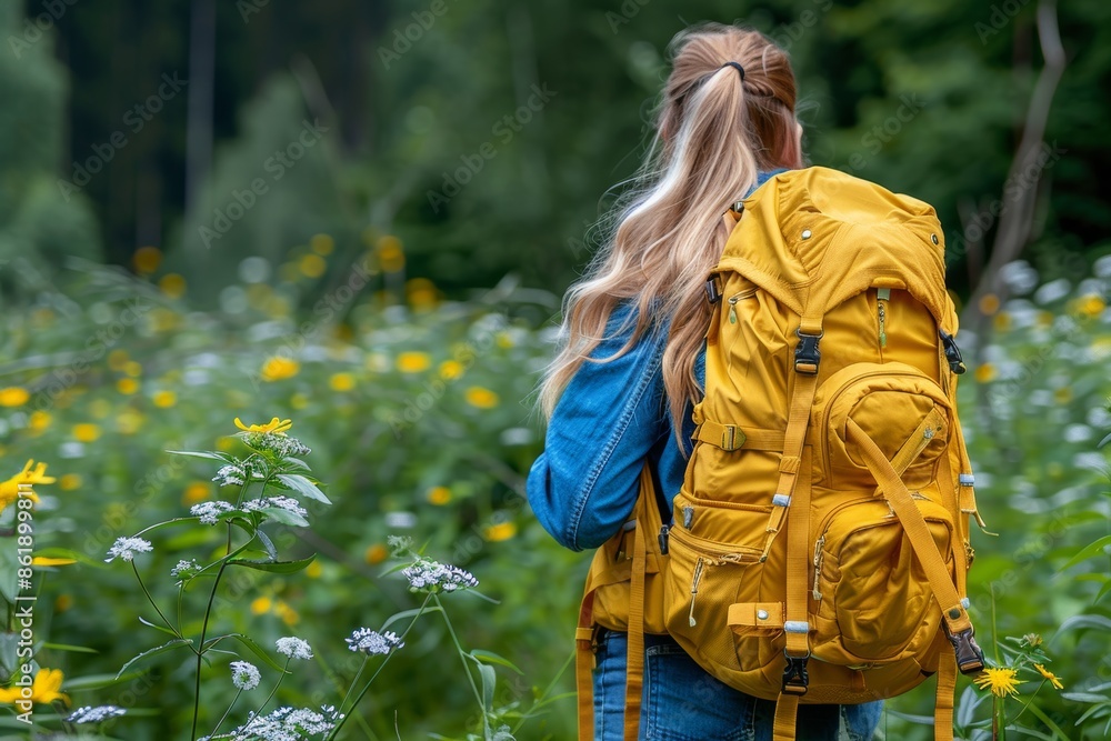 Woman Hiking Through a Field of Wildflowers With a Yellow Backpack Woman Hiking Through a Field of Wildflowers With a Yellow Backpack