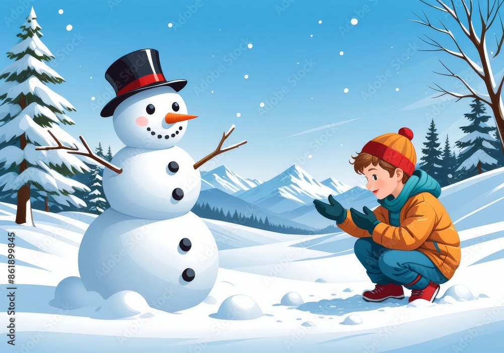 Naklejka premium Child Building Snowman in Winter Wonderland