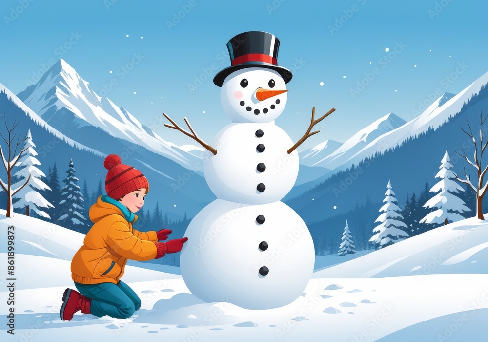 Obraz premium Child Building Snowman in Winter Wonderland