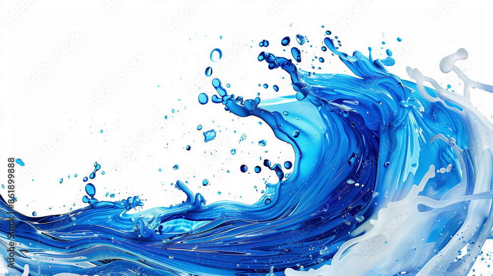 A splash of a blue whirlpool with small bubbles highlighted on a white background, the liquid flows in the form of a wave A splash of a blue whirlpool with small bubbles highlighted on a white background, the liquid flows in the form of a wave