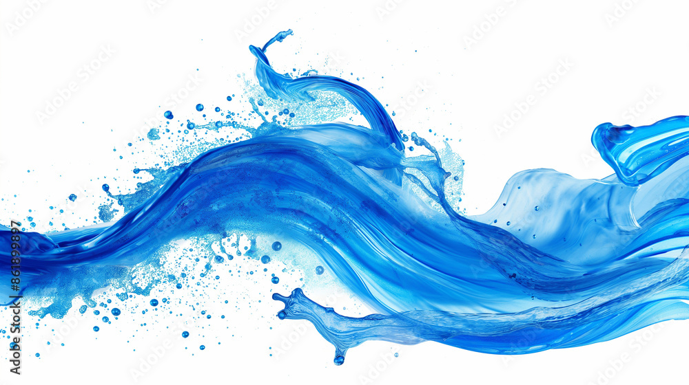 A splash of a blue whirlpool with small bubbles highlighted on a white background, the liquid flows in the form of a wave A splash of a blue whirlpool with small bubbles highlighted on a white background, the liquid flows in the form of a wave