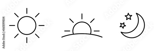 Time of the day signs. Rising and setting sun icon, crescent moon and stars, day and night time symbols. Vector illustration.