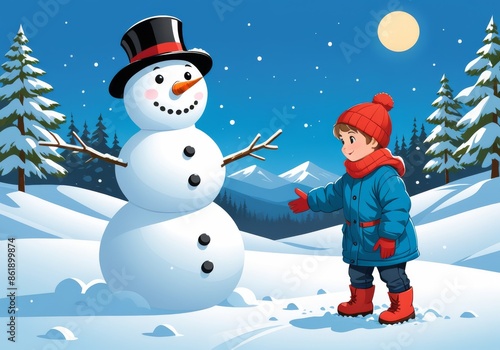 Child Building Snowman in Winter Wonderland