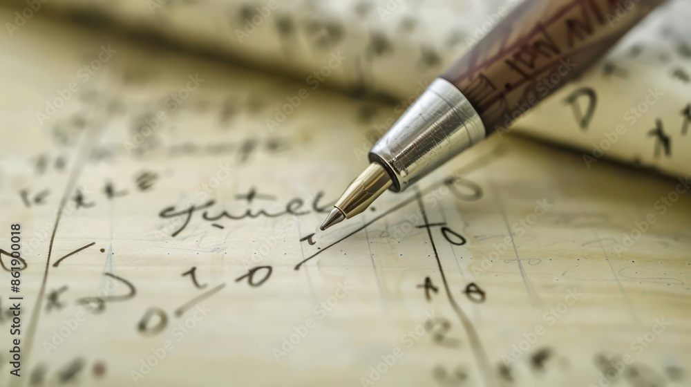 Closeup of a pen writing equations in a notebook, with copy space Closeup of a pen writing equations in a notebook, with copy space