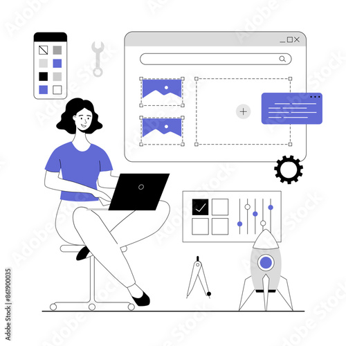 Web design studio, site development company. Web designer build user friendly interface. Vector illustration with line people for web design.