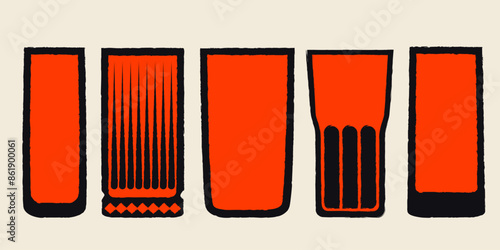 Tall glasses for alcohol and non-alcoholic drinks. Cocktail glass set. Vector illustration with texture. Silhouette drawing of glasses. Glass with a pattern