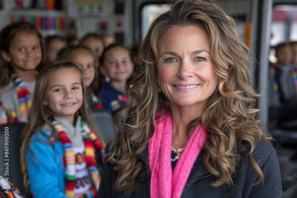 Smiling Woman With Young Girls on a Bus During a Field Trip Smiling Woman With Young Girls on a Bus During a Field Trip