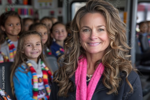 Smiling Woman With Young Girls on a Bus During a Field Trip