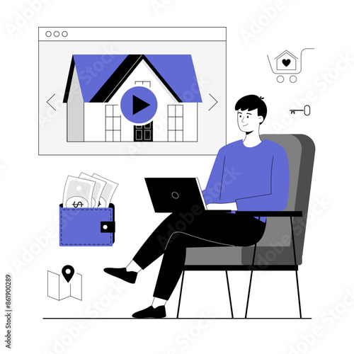 Real estate online. Buying, renting, housing virtual tour. Man chooses housing on the website and pays online. Vector illustration with line people for web design.
