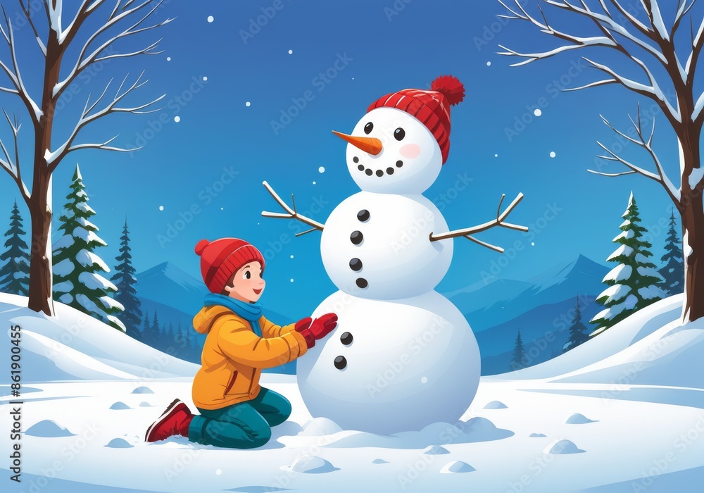 Child Building Snowman in Winter Wonderland Child Building Snowman in Winter Wonderland