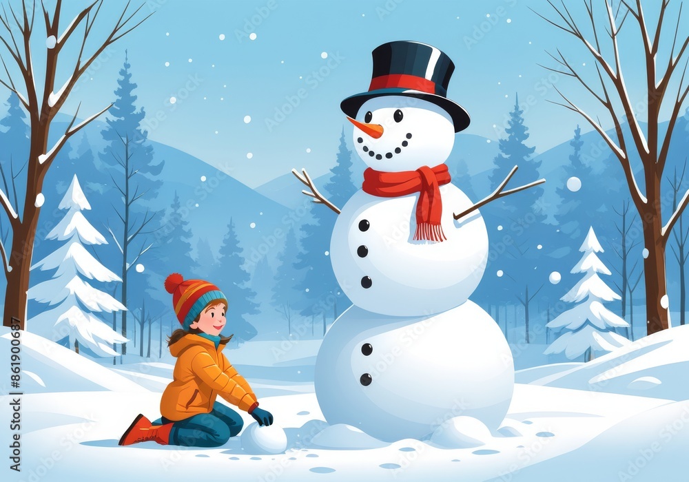 Obraz premium Child Building Snowman in Winter Wonderland