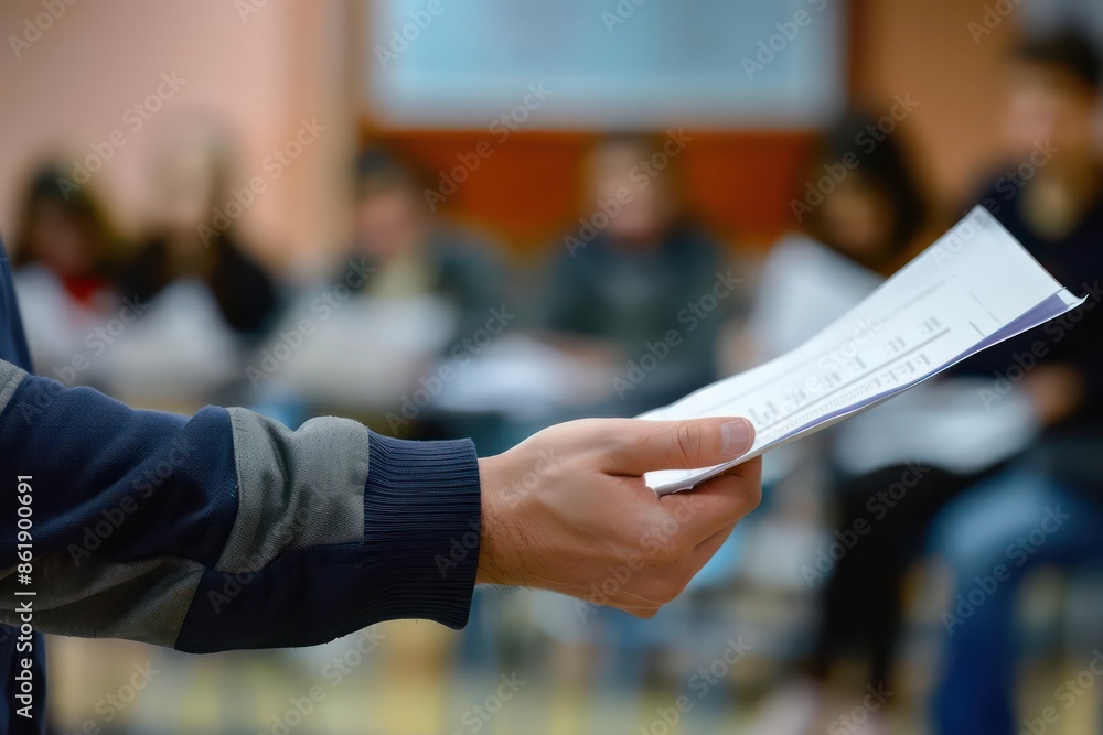 Closeup of a teachers hand distributing papers to students, with space for text Closeup of a teachers hand distributing papers to students, with space for text