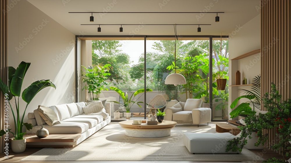 Fototapeta premium modern living room with plants, Light living room with green houseplants and furniture