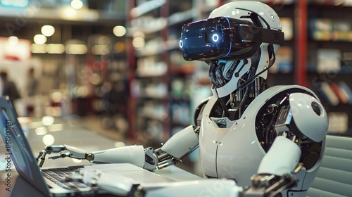 A lifelike robot wearing virtual reality glasses and using a laptop. photo