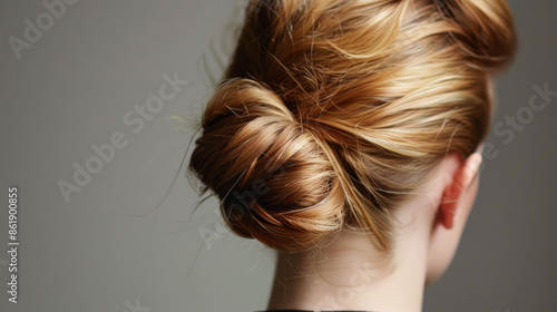 A woman with light brown hair is styled in a neat, twisted bun. The soft lighting highlights the smooth strands, creating a polished and sophisticated look.