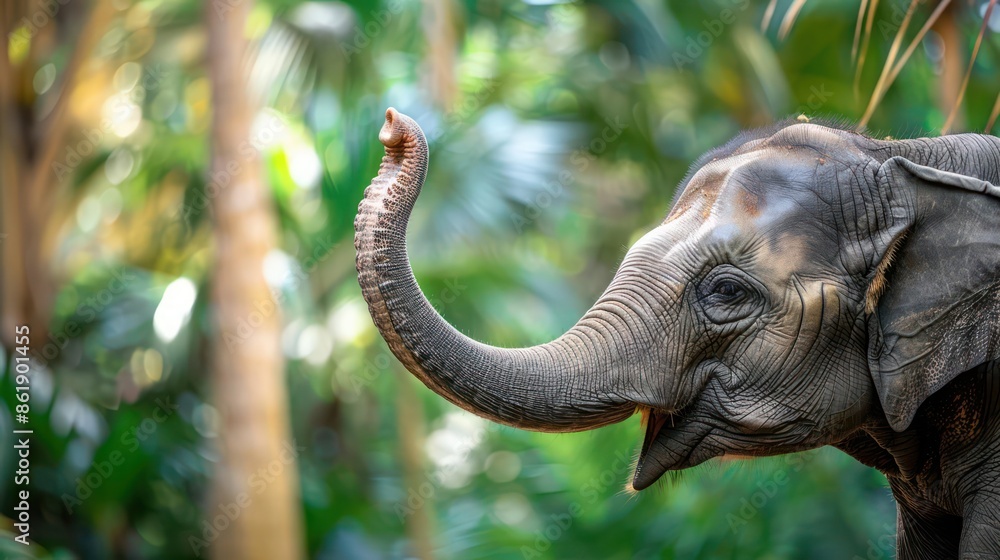 Fototapeta premium Closeup of an elephants trunk reaching for food, with copy space