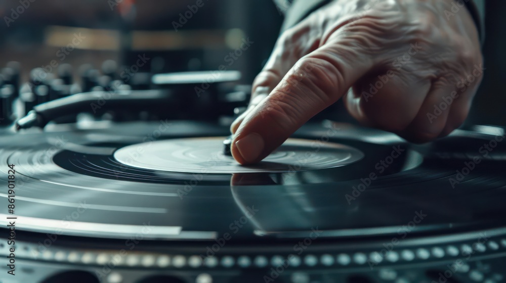 Detailed view of a DJ s hand scratching a record, with copy space Detailed view of a DJ s hand scratching a record, with copy space