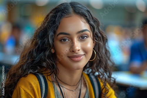 Young Woman With Long Curly Hair Smiles In Classroom
