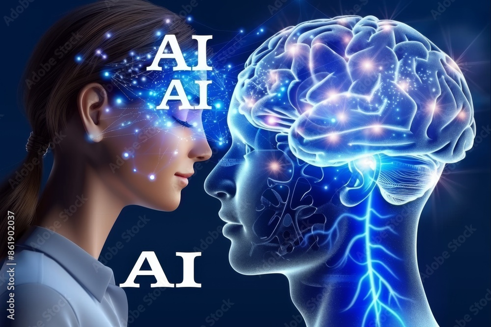 Obraz premium Side profile with glowing AI brain, artificial intelligence, digital transformation, futuristic neural technology, AI innovation