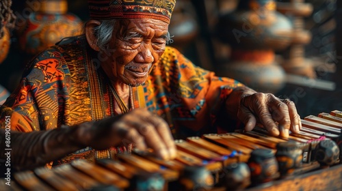 A close-up photo of a traditional Sasak musician playing the Gamelan, a set of percussion instruments that produce a unique and captivating sound. photo