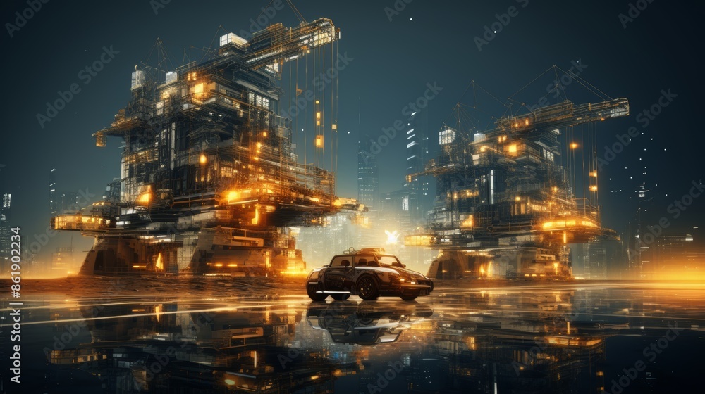 Oil pumpjacks and financial charts merge, linking extraction to market trends in double exposure Oil pumpjacks and financial charts merge, linking extraction to market trends in double exposure