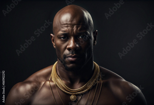 portrait of muscular and bald black man with gold necklace, isolated white background 