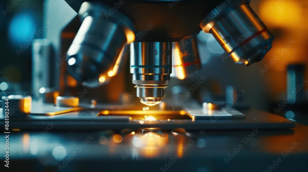 Detailed view of a microscopes lens focusing on a specimen, with ample copy space Detailed view of a microscopes lens focusing on a specimen, with ample copy space