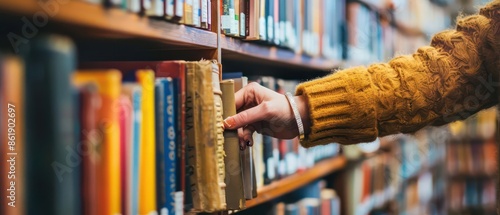 Detailed view of a school librarians hand placing a book on a shelf, with space for text