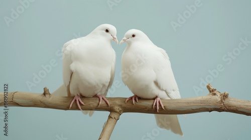 A pair of white doves in love are sitting on a branch. White doves or pigeons sitting together on a branch. Birds in love. Forever love concept. Loyalty. Wedding concept. photo