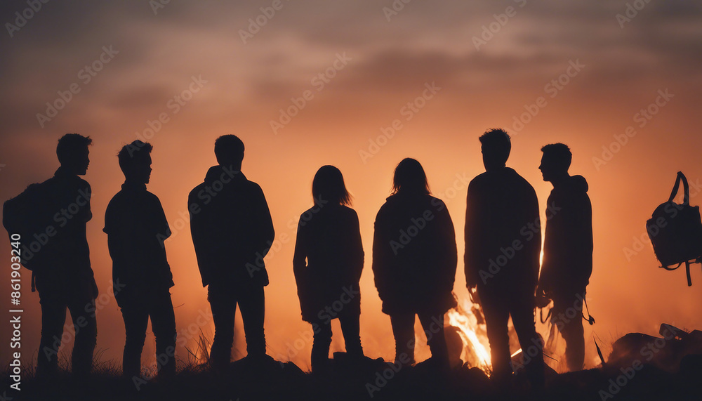 Fototapeta premium A group of friends camping around a crackling bonfire, with the sunset in view 