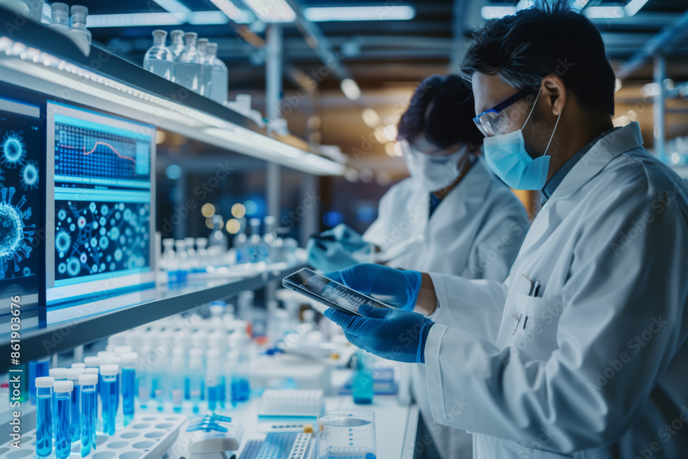 Biochemist Examining Virus Manifestations on Tablet in Laboratory Biochemist Examining Virus Manifestations on Tablet in Laboratory