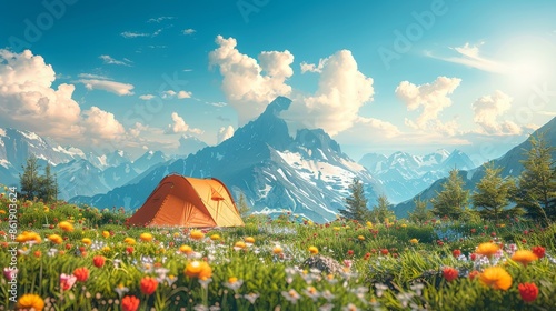 A vibrant camping scene with an orange tent amidst colorful wildflowers, set against majestic mountains under a bright blue sky.