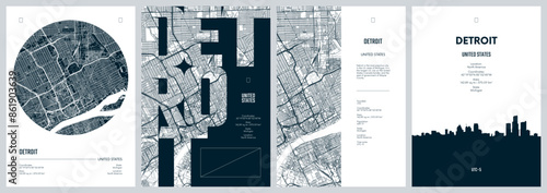 Set of travel posters with Detroit, detailed urban street plan city map, Silhouette city skyline, vector artwork