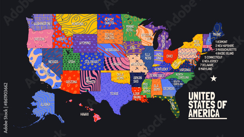 Map of the United States of America, with borders and state names, Poster of USA geographic and political map with bizarre motley pattern, Detailed vector illustration