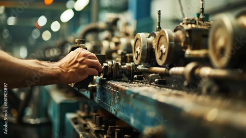 Highdefinition shot of a factory worker s hand pushing a lever on heavy machinery, with ample copy space photo