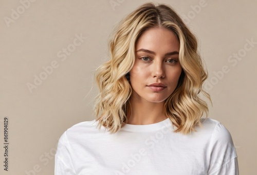 Young woman in white t-shirt with blonde hair styled in layered waves © CS Motion Design