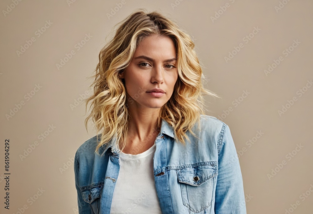 Woman in a casual denim jacket against a neutral background Woman in a casual denim jacket against a neutral background
