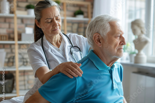 Orthopedic Nurse Assists Senior Patient With Spinal Cord and Shoulder Stretch in Home Setting © Ala