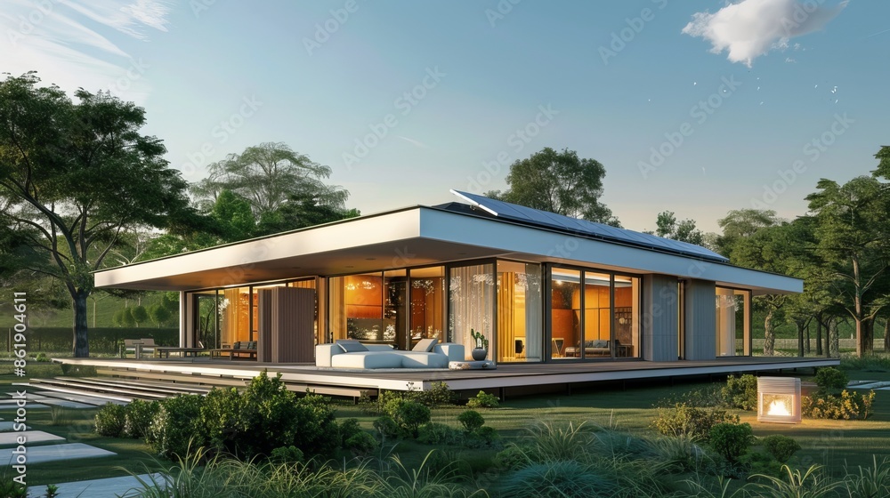 Fototapeta premium A modern house with a solar panel on the roof, shown in a 3D illustration.