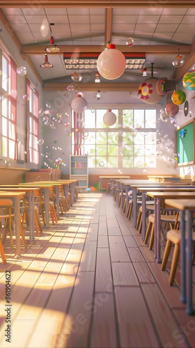 Beautiful blurred background of bright classroom and study room with panoramic windows and beautiful lighting. AI generated illustration © mooncux
