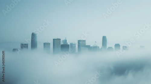 Skyscrapers rise through a dense fog, creating a dreamy, surreal cityscape against a pale sky. The fog obscures the lower parts of the buildings, emphasizing their silhouettes.