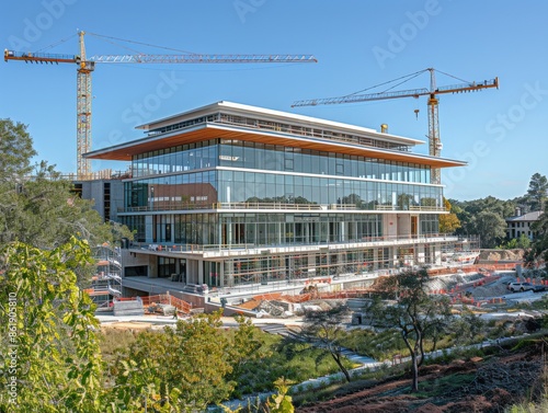 Modern building under construction with glass facade and cranes