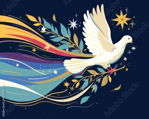 White and Gold Dove Carrying Olive Branch with Starry Sky and Rainbow Streaks on Navy Blue Background
 photo