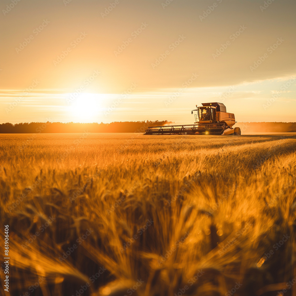 Fototapeta premium combine harvester at sunset